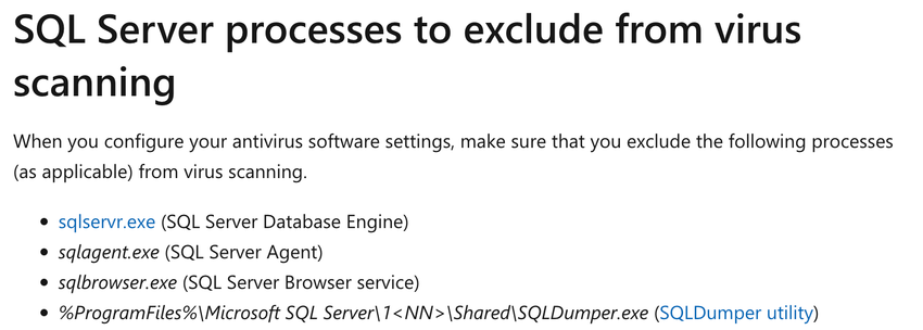 SQLServer Processes to be excluded from AntiVirus